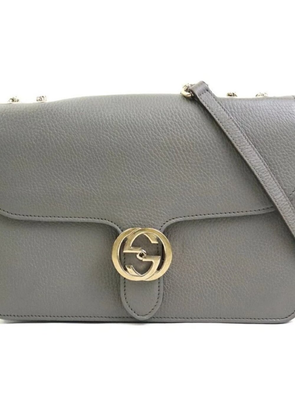 GUCCI Interlocking G Chain Shoulder Bag Gray/Gold Leather/Meral